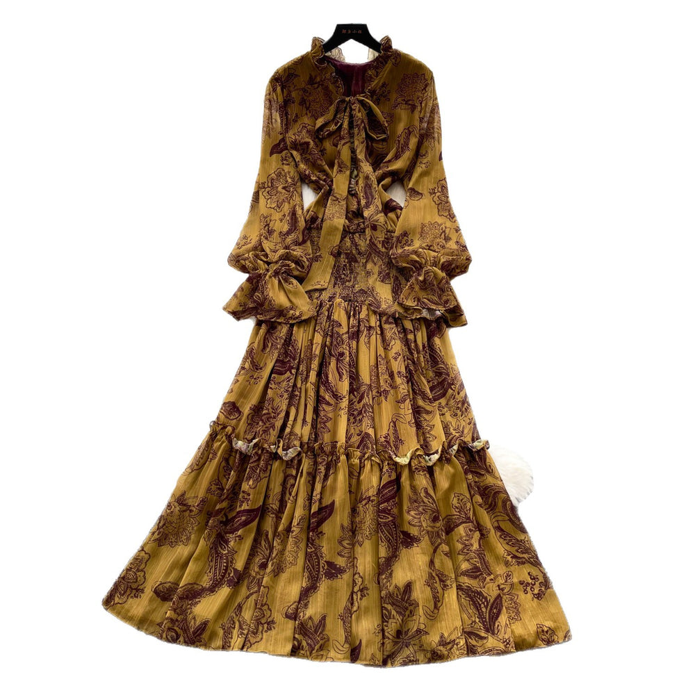 French chic bow print dress - women's spring/autumn long sleeve v-neck a-line maxi dress - slim fit & figure flattering