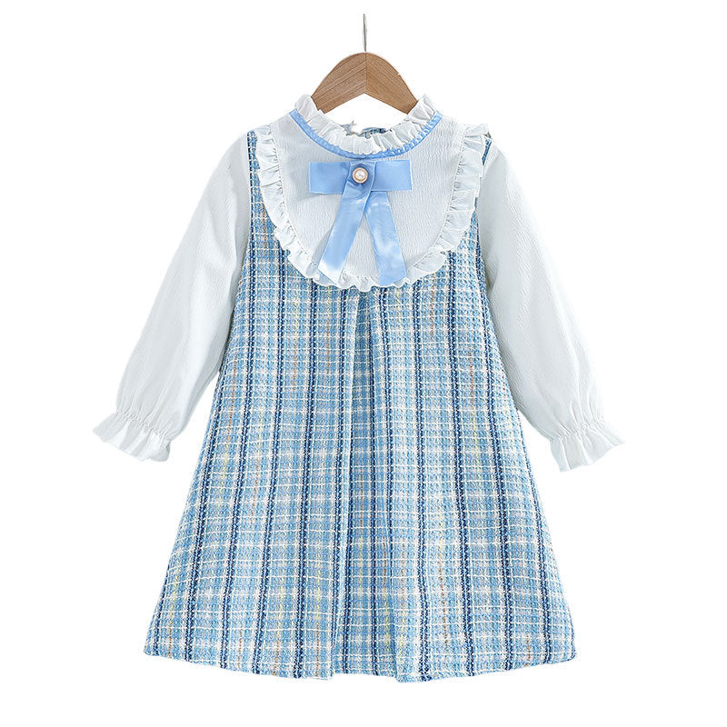 New spring/autumn girls' lace-trimmed shirt dress - two-piece look, gentle & elegant, chanel-inspired style with bow tie