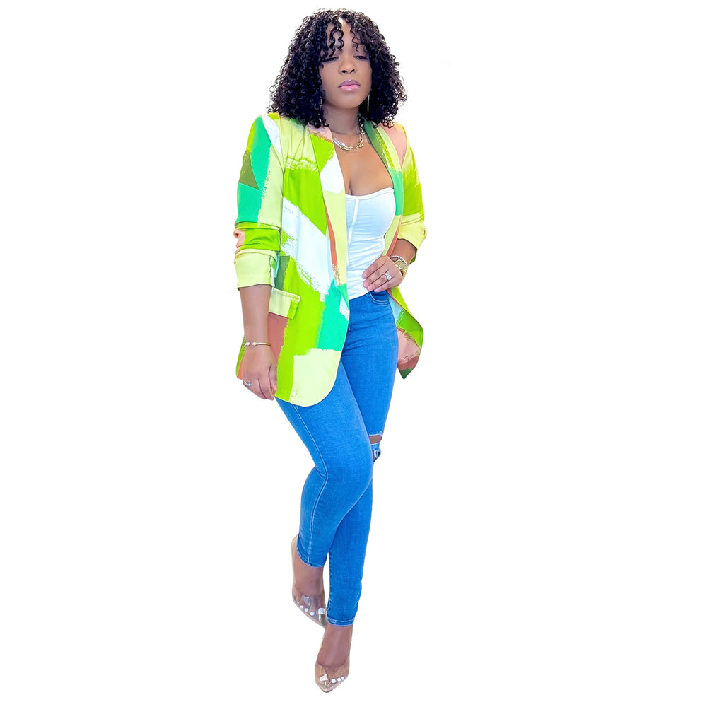 C6996 cross-border   independent station fashion women's long-sleeved printed blazer jacket