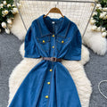 summer new arrival: chic and unique puff sleeve, single-breasted, cinched-waist denim dress - french style, slimming maxi dress for women