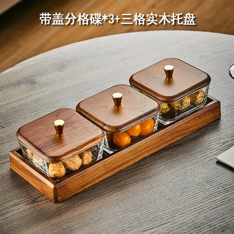 Walnut wood fruit bowl snack storage box - premium glass dried fruit dish - coffee table dessert & candy organizer