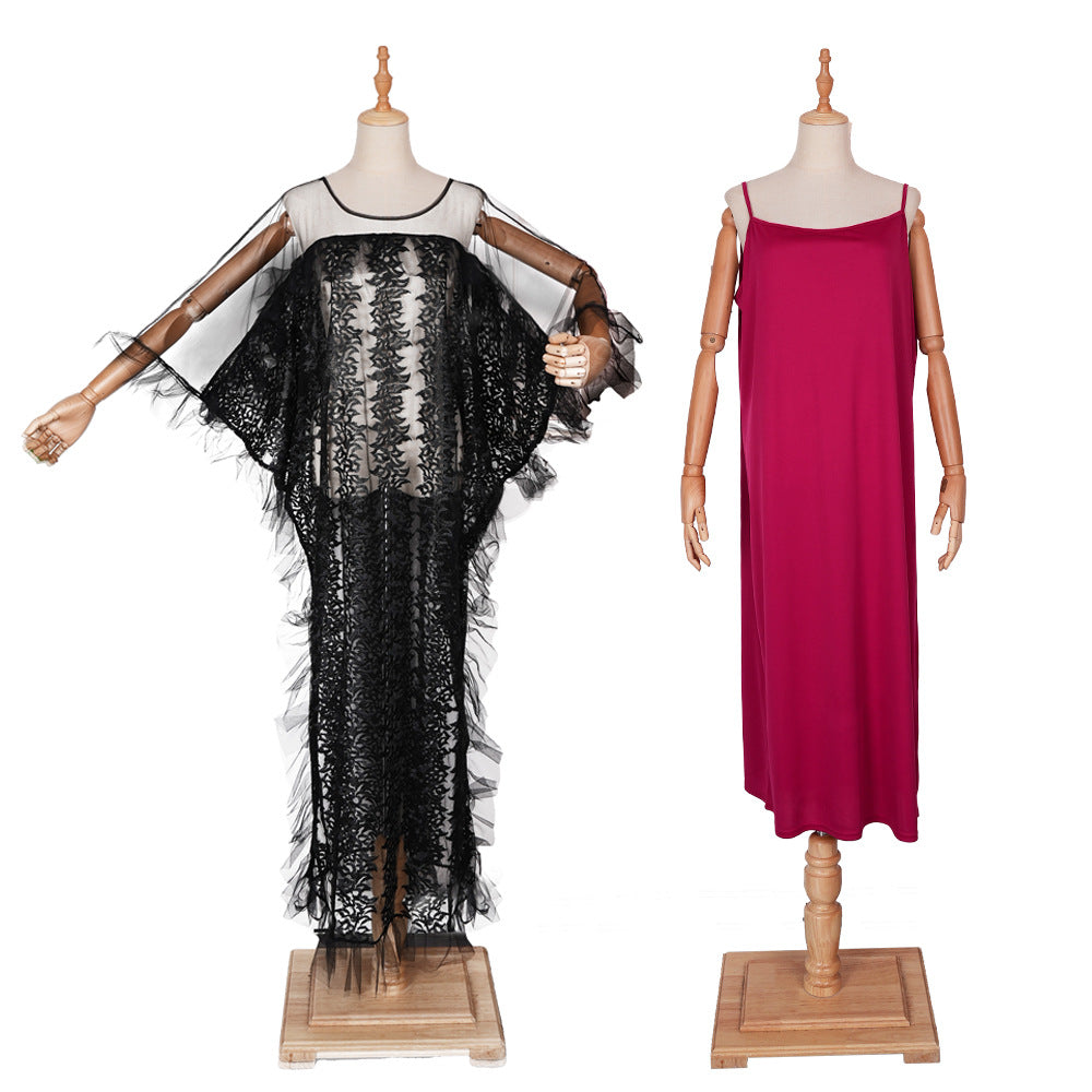 Fashion cross-border foreign trade  mesh patchwork dress african plus size women's suspender skirt two-piece setin stock