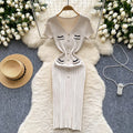 Short-sleeved knittingdress female small fragrant style retrofrenchv neck color matching metal buckle silmslimming look bottom long skirt