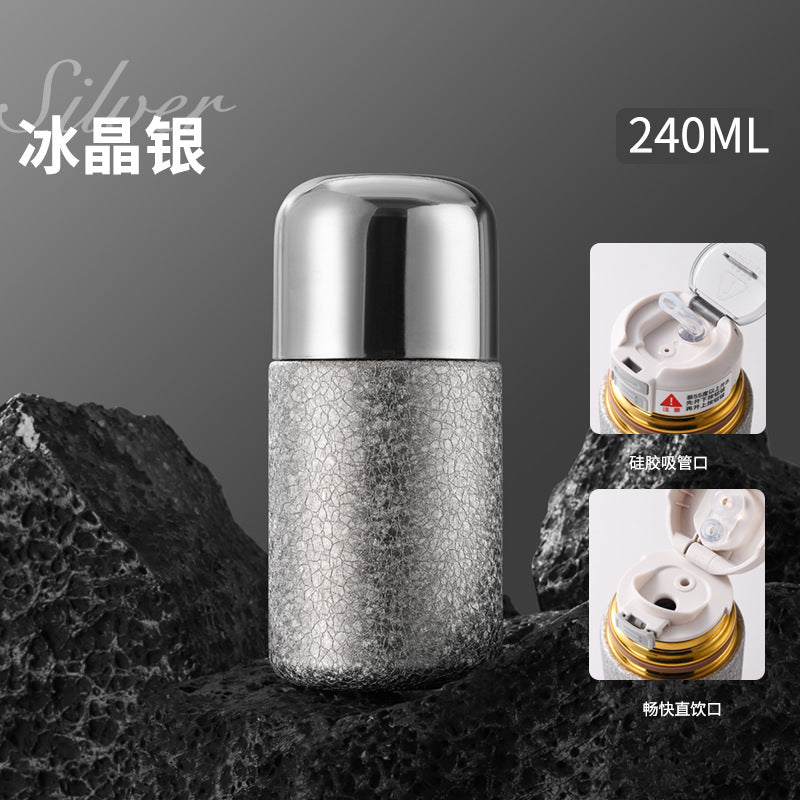 Titanium-coated capsule pocket thermos - one cup, three ways to drink: tea, water separation, mini portable outdoor sports straw cup