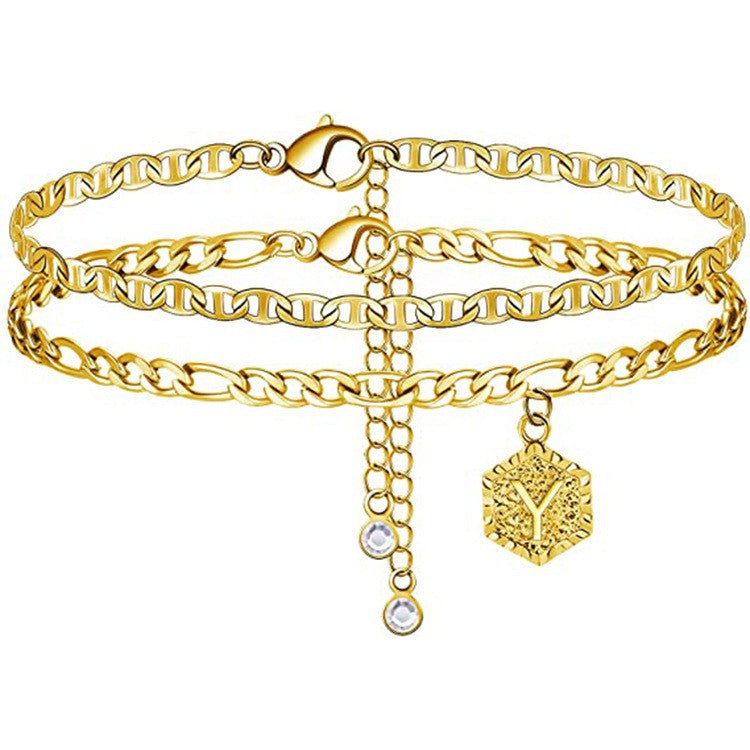 European and american style double-layer anklet, 14k gold plated letter anklet for women, cute summer anklet, gold fashion anklet wholesale