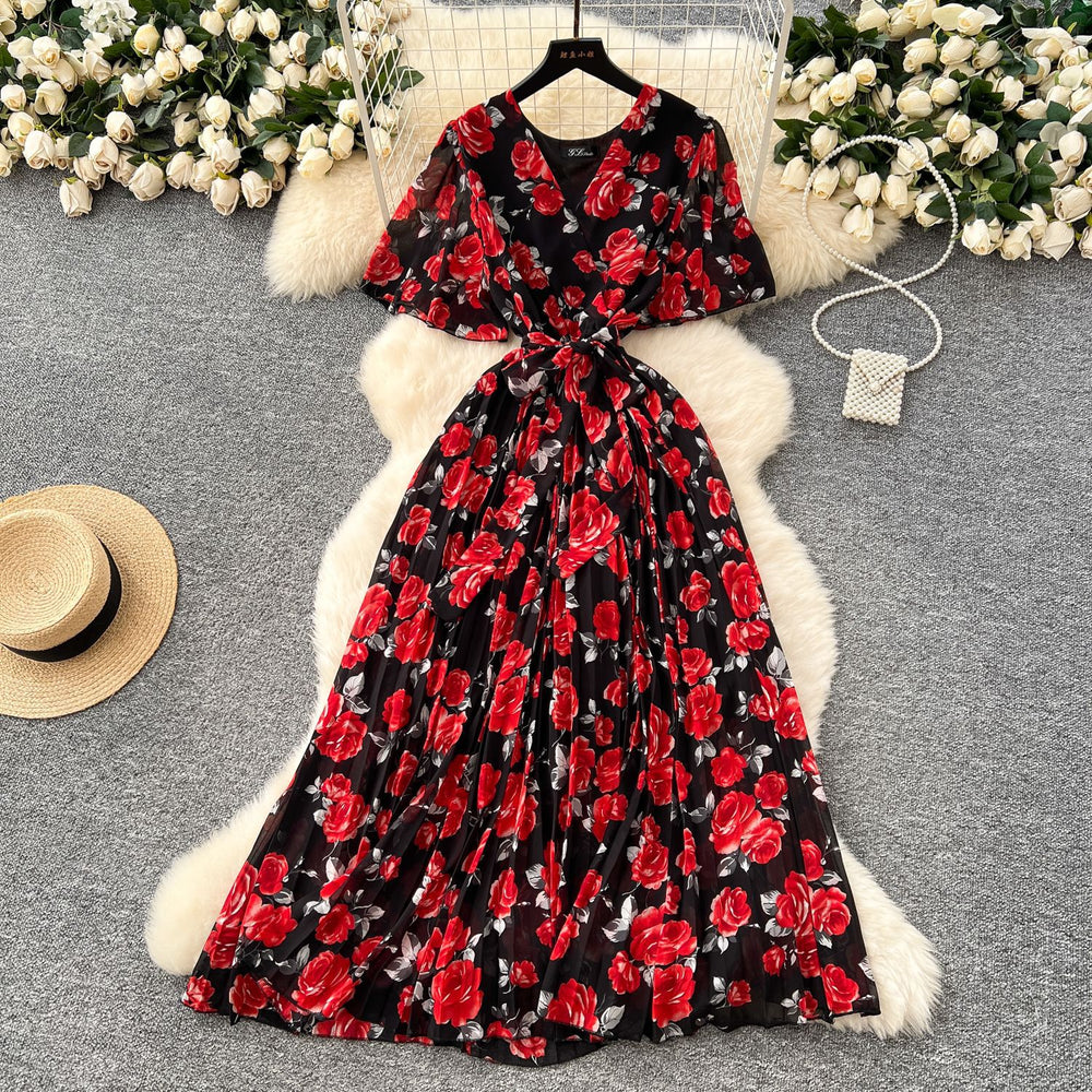 summer new arrival: women's high-end tie-waist v-neck flared sleeve slimming printed chiffon dress