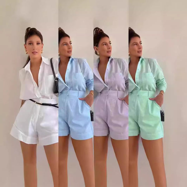 2024 autumn Europe and the United States  women's clothing new loose solid color casual shirt high waist shorts fashion suit women