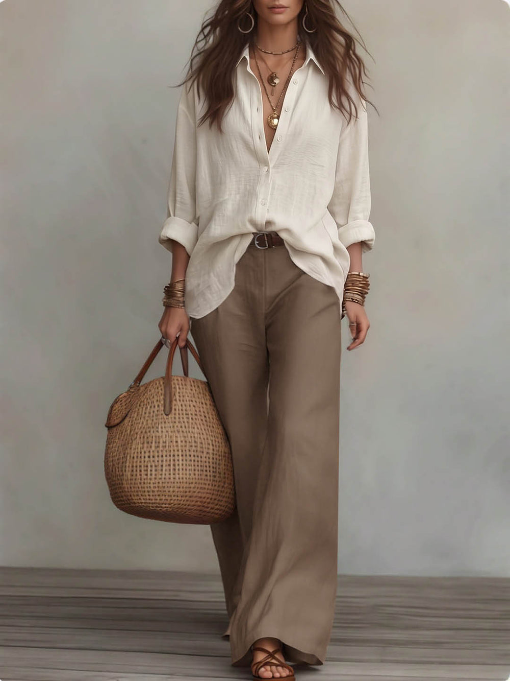 Fashion cross-border plus size cotton and linen shirt suit lapel long sleevesloose shirt high waistloose pantstwo-piece set