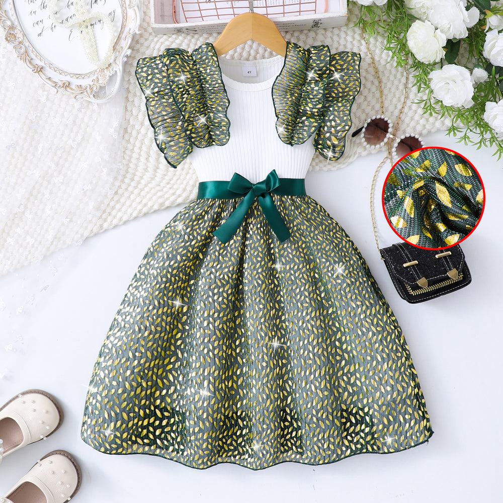 Girls' dress for toddlers and young children, ruffle sleeve ribbed knit cutout patchwork dress