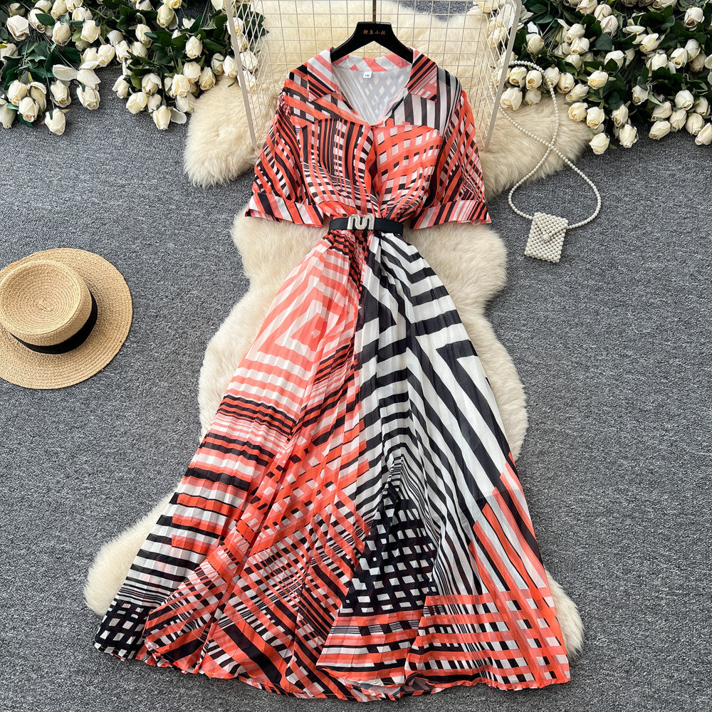 Korean style v-neck geometric print dress - women's spring  short sleeve, slim fit, a-line maxi dress - commute chic