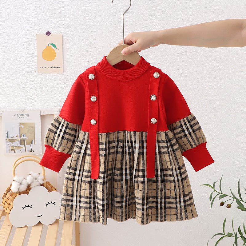 New autumn collection: girls' plaid knit dress - european & american style pullover sweater dress for toddlers & young children