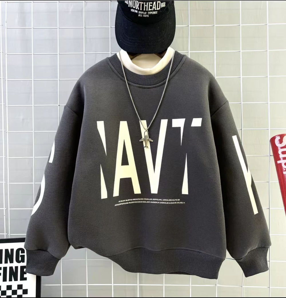 winter new arrival: mid-to-large size children's fleece-lined, extra-thick letter print trendy sweatshirt - boys' warm and cold-proof pullover