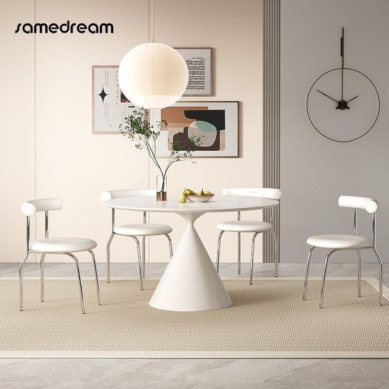 French-style negotiation table, rock slab round dining table, pure white modern minimalist round table, small apartment home dining table and chair set
