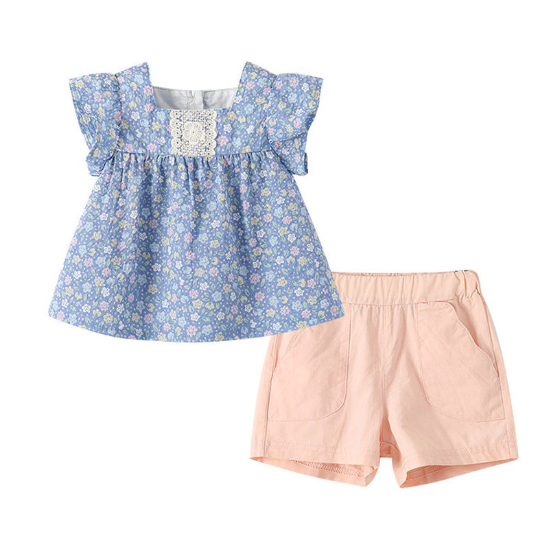 Girls' summer flutter sleeve  new floral print outfit, korean style chic lightweight three-piece set for baby girls