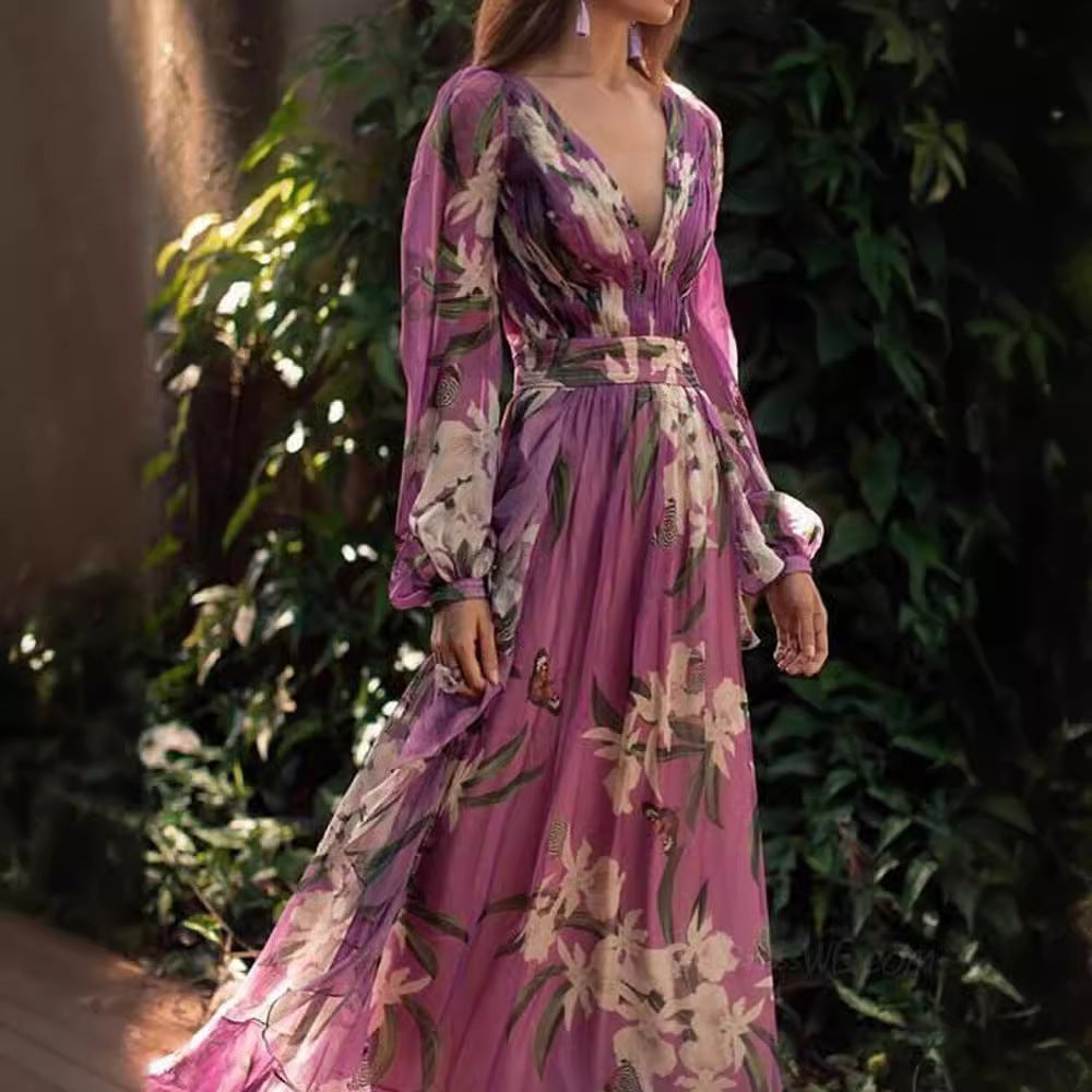 summer new arrival: women's printed dress for cross-border e-commerce, -ready v-neck long sleeve maxi dress