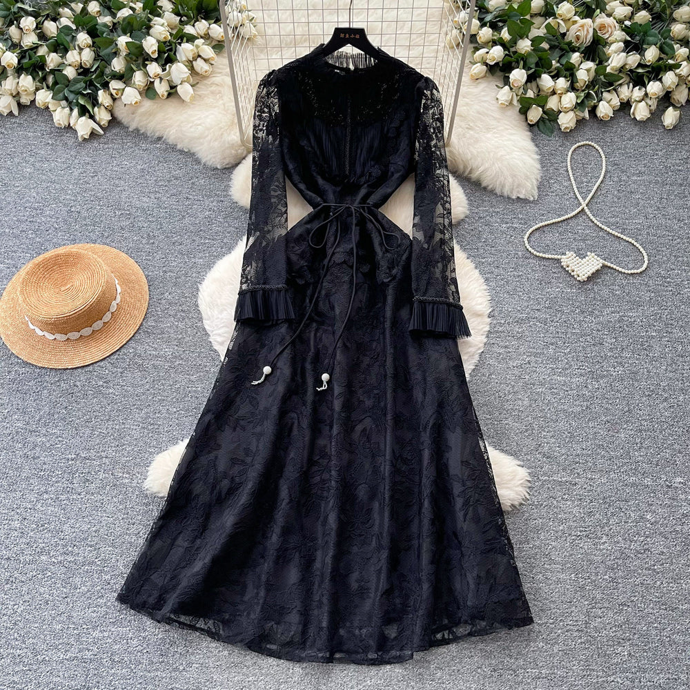 Korean style lace design elegant dress - women's summer long sleeve slim fit a-line dress - chic, professional, and high-end