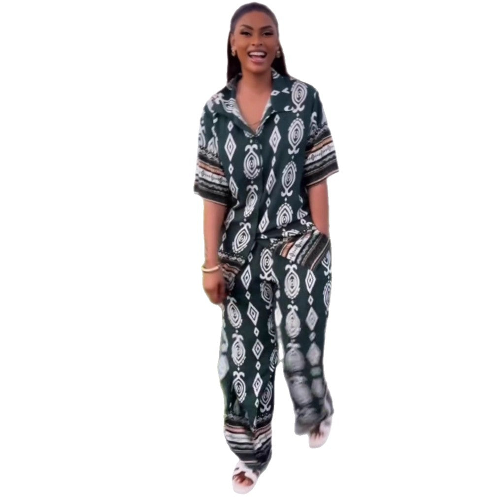 European and American large-size women's clothing lapel-neck printed cardigan shirt trousers African women's foreign style casual new two-piece set trendy