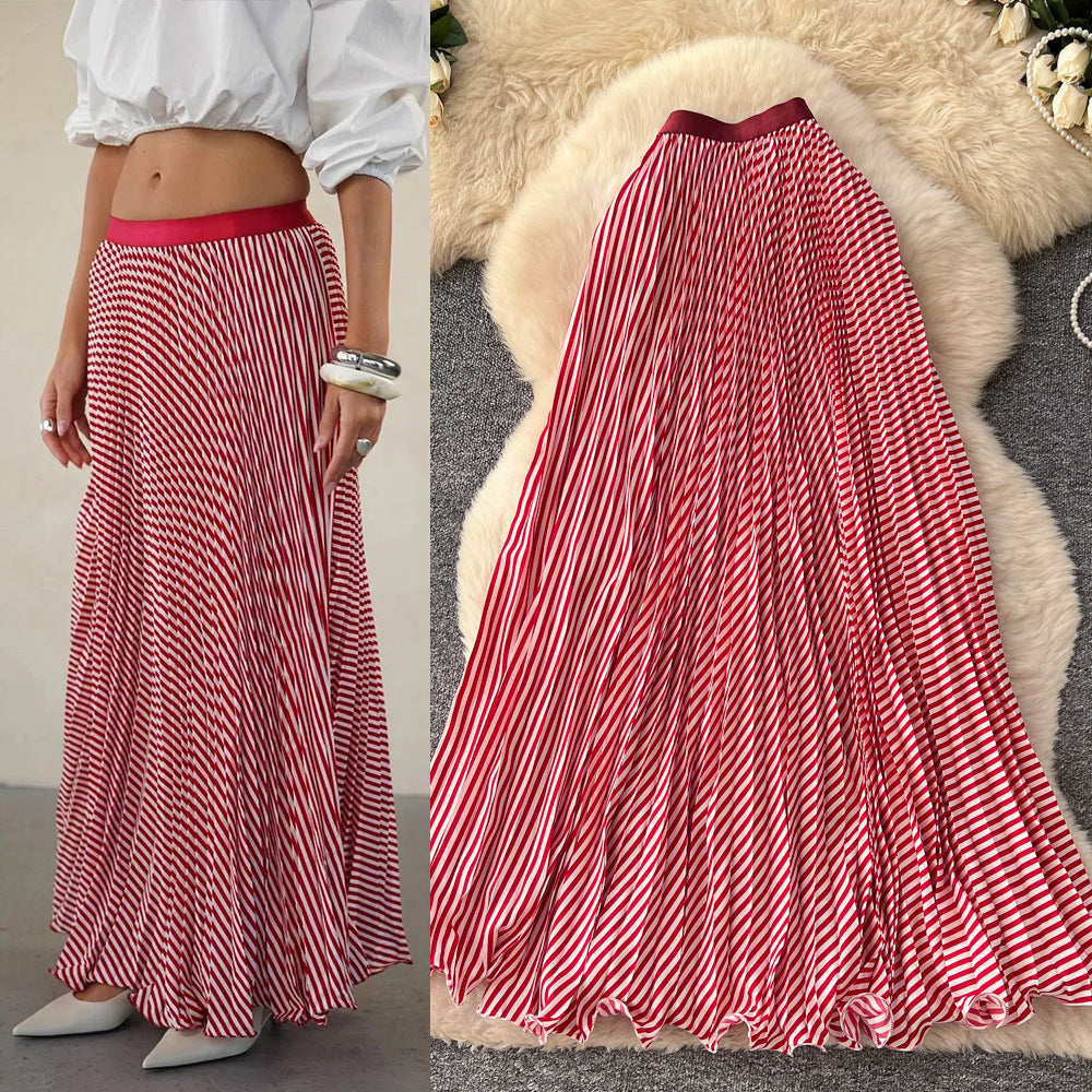 Korean style high-waisted a-line striped patchwork midi skirt - new 2025 collection, versatile striped design with a flowy drape