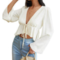 fall/winter european and american sexy hot girl style solid color collar flared sleeve loose fit cropped knit long sleeve t-shirt