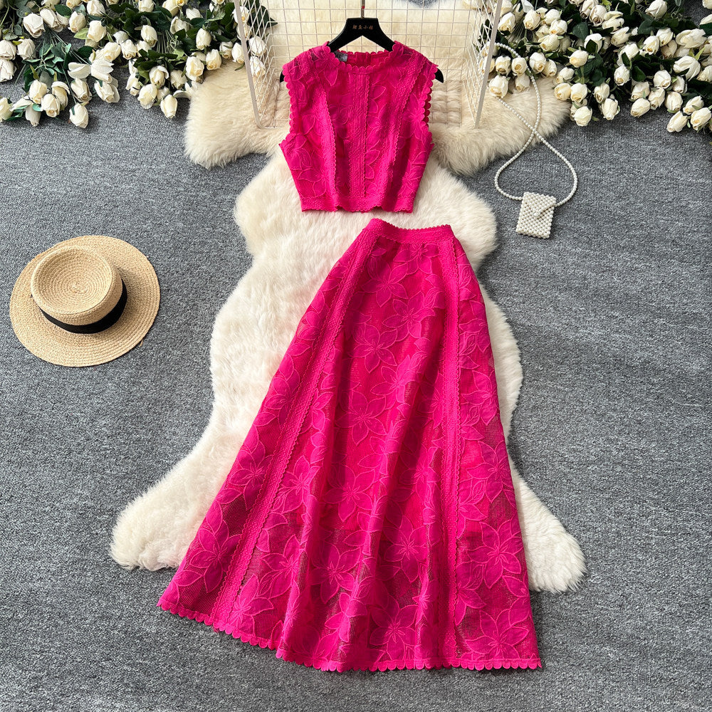 French lace cutout sleeveless two-piece set for women -  summer elegant high-end vest and midi skirt outfit