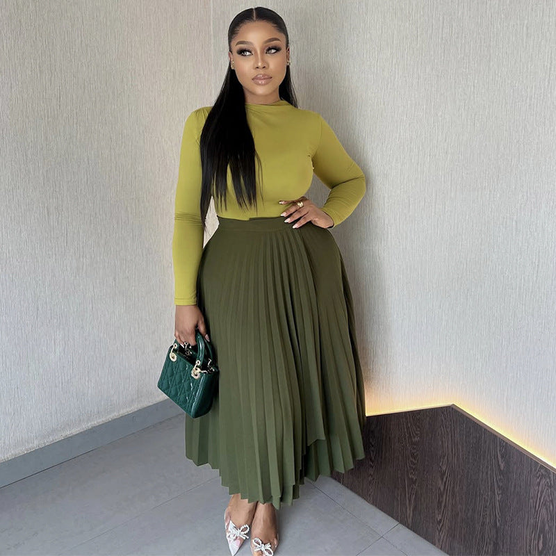 European and American  women's clothing 2025 autumn new fashionable and elegant solid color turtleneck slim-fitting splicing pleated dress