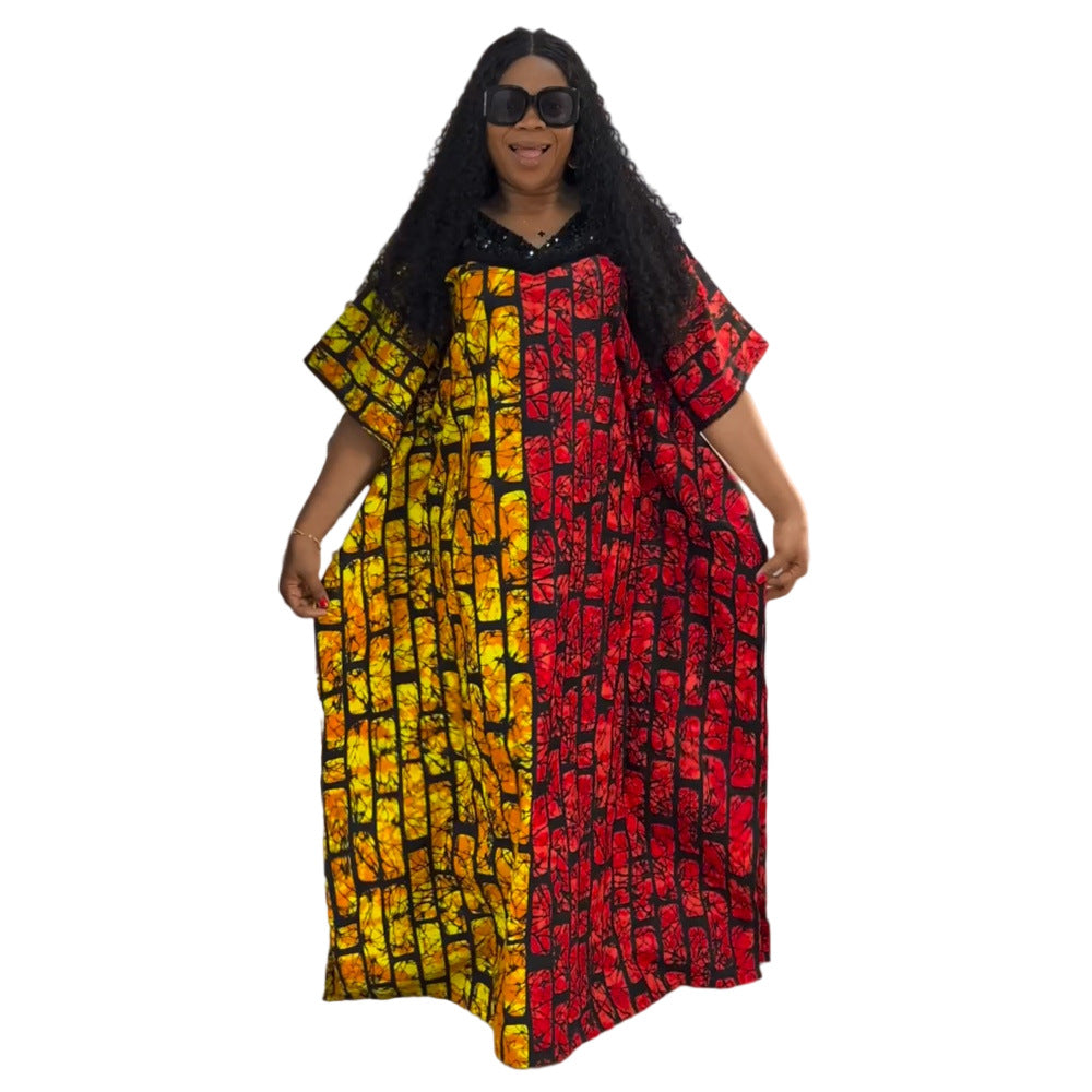 African women's plus size color block maxi dress - cross-border e-commerce, ,  - fleece beaded sequin dress