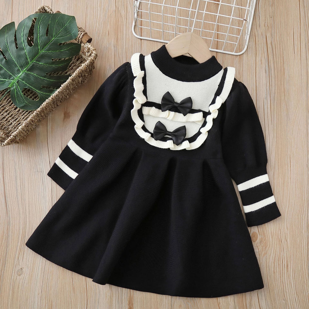 fall/winter new girls' knit dress - children's sweater dress with bow detail, sweet princess style