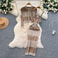 Autumn outfit set for women: high-end, fashionable color block striped knit cardigan with cinched waist cami bodycon dress