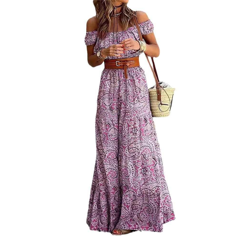 Amazon fashionexportprintingone shoulder princess sleeve high waistsense of designa-linedressfemaleelegantwork clothing