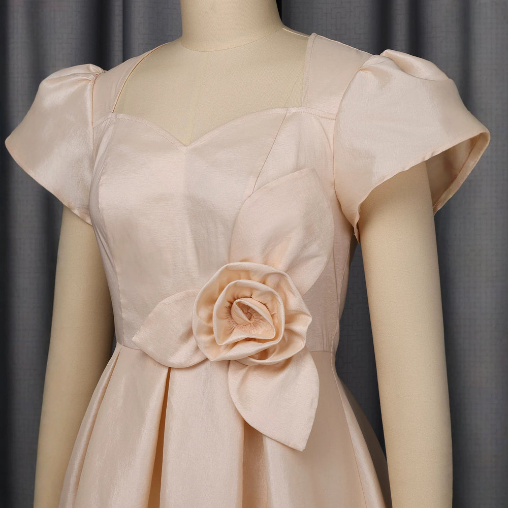 Summer fashion puffy waist a-line skirt, 3d floral ball gown, wedding bridesmaid elegant midi dress
