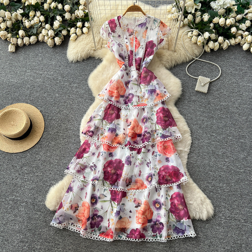 French retro print sleeveless cake dress - women's summer high-waisted ruffle hem a-line maxi dress - vacation style