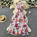 French retro print sleeveless cake dress - women's summer high-waisted ruffle hem a-line maxi dress - vacation style