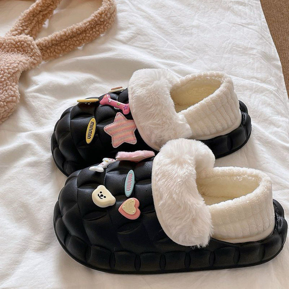 2025 cotton slippers - removable & washable, women's winter home & outdoor wear, thick sole, closed heel, fleece-lined, cartoon design, warm & cozy