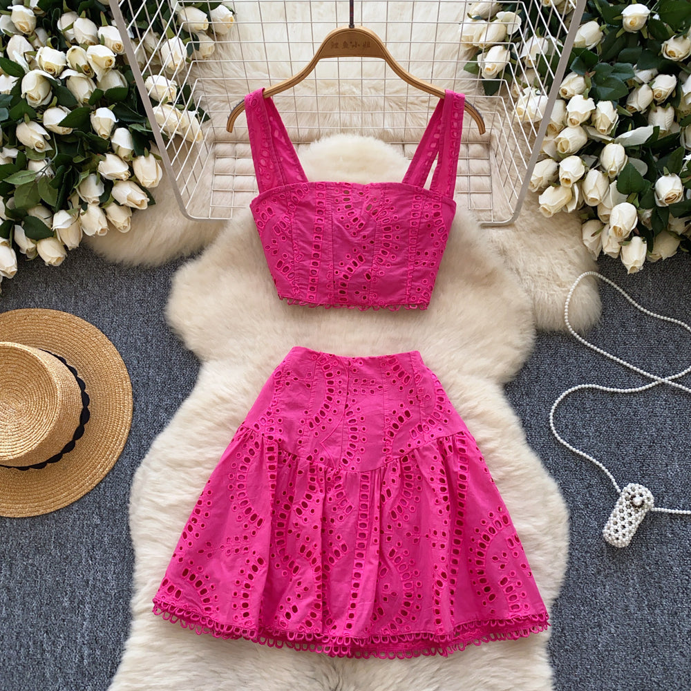 European and american hot girl hollow-out embroidered set: women's camisole bandeau crop top + high-waisted a-line midi skirt sexy two-piece outfit