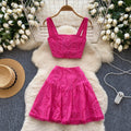 European and american hot girl hollow-out embroidered set: women's camisole bandeau crop top + high-waisted a-line midi skirt sexy two-piece outfit