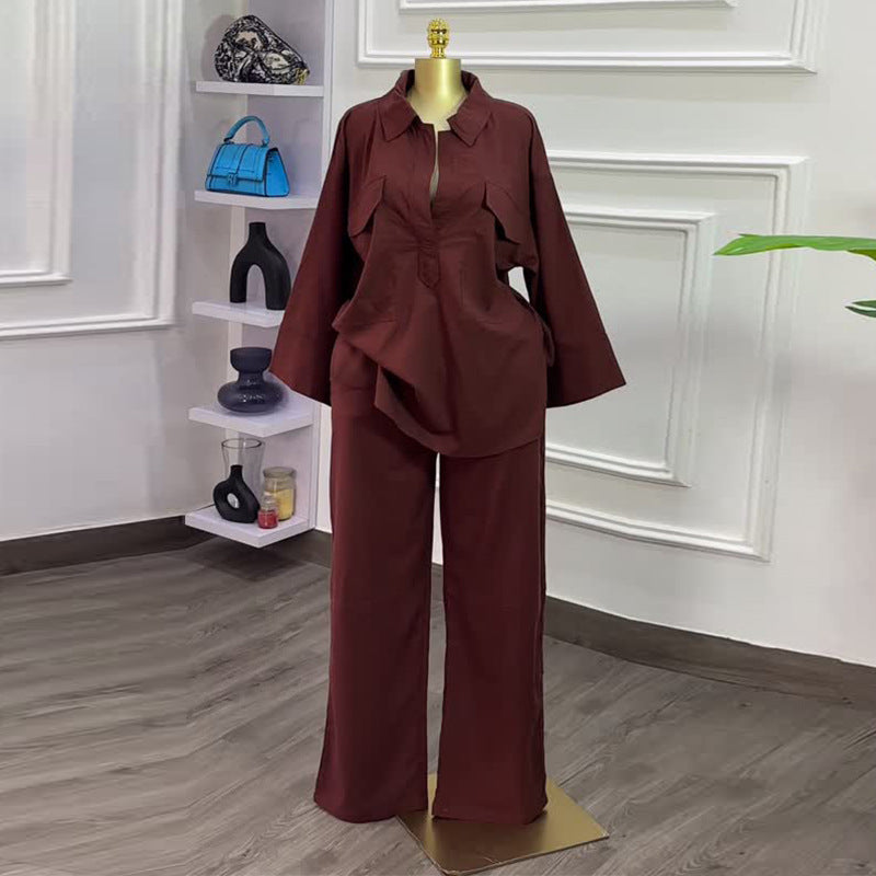 European and american women's clothing  autumn new collection: sweet and fresh turn-down collar long-sleeve shirt and high-waisted straight-leg pants two-piece set