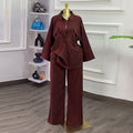 European and american women's clothing  autumn new collection: sweet and fresh turn-down collar long-sleeve shirt and high-waisted straight-leg pants two-piece set