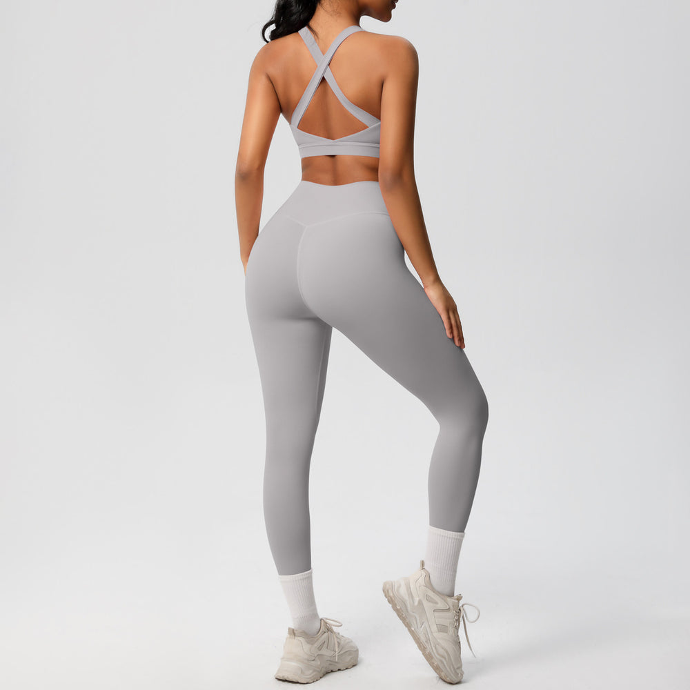 fashionpure color double-sided brushed back cross sports intimates yoga suit running fitness two-piece set