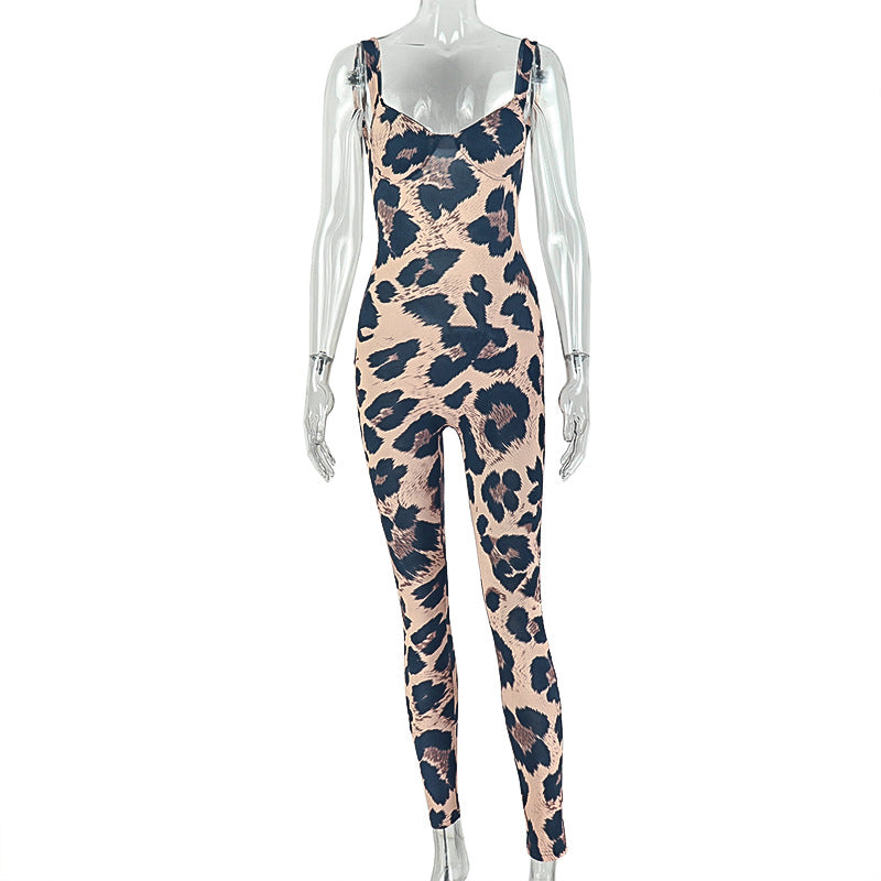 Fashion styleexport leopard printfashion women's tight-fitting suspenders jumpsuit slimming lookbacklesssummer long jumpsuit