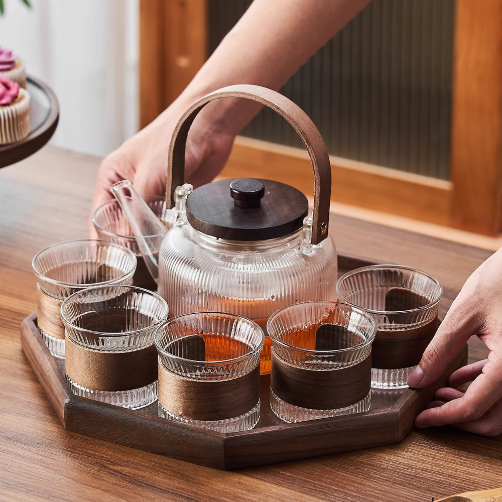 Japanese-style north american black walnut tea set - home glass teapot, high-temperature resistant afternoon fruit tea brewing set