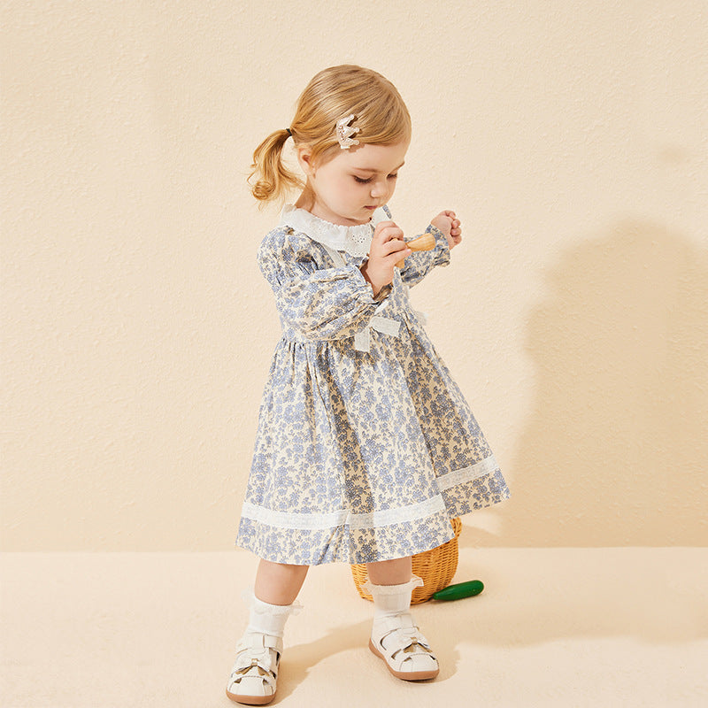 New girls' spring/autumn dresses: floral print long-sleeve princess dress with lace and bow detail - wholesale