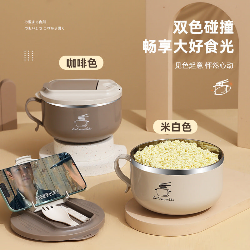 304 stainless steel instant noodle bowl with strainer, collapsible noodle cup, folding cutlery, airtight lunch box with lid, student dormitory meal container