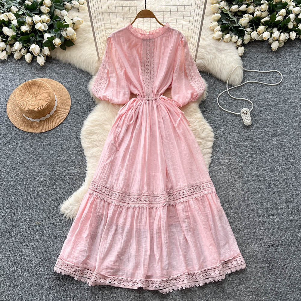 French chic lace-trimmed lantern sleeve dress - slimming, elegant, and flowy maxi dress with tie waist