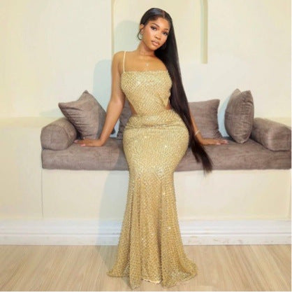 New summer european and american style women's sexy elegant glitter beaded strappy long evening gown dress