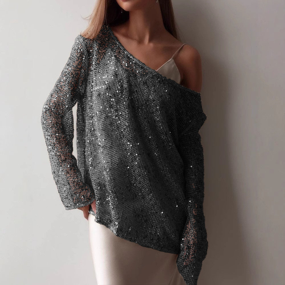 new european and american  style long-sleeve urban casual colorful hollow-out loose fit pullover sequin top for women