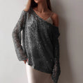 new european and american  style long-sleeve urban casual colorful hollow-out loose fit pullover sequin top for women