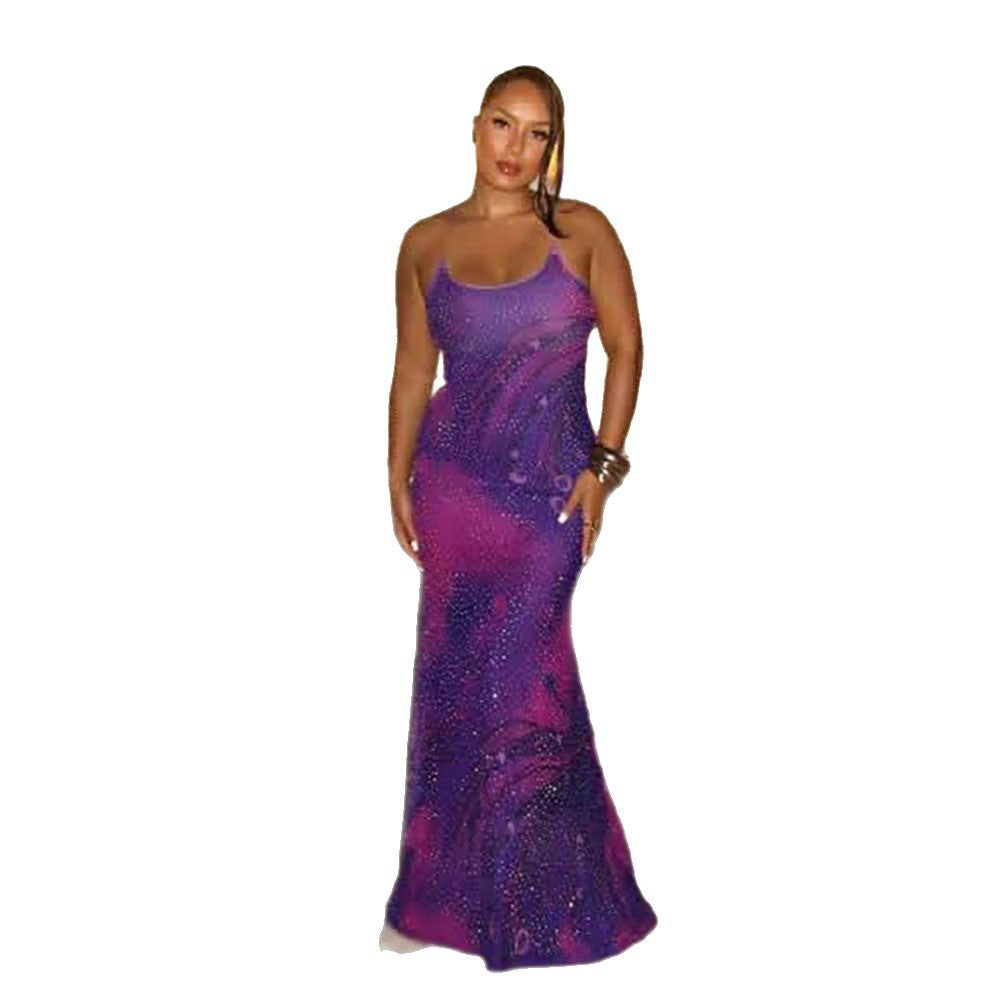 Starry sky print dress sexy deep v cami maxi dress european and american summer new  plus size women's long dress