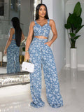 Fall and winter european and american clothing fashion denim jacquard suit ins nightclub wrap topsloose pants suit