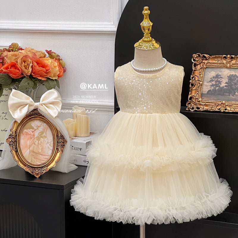 Girls' sequin mesh dress - new summer  style: chic tank dress, tiered cake dress, perfect birthday outfit for your daughter