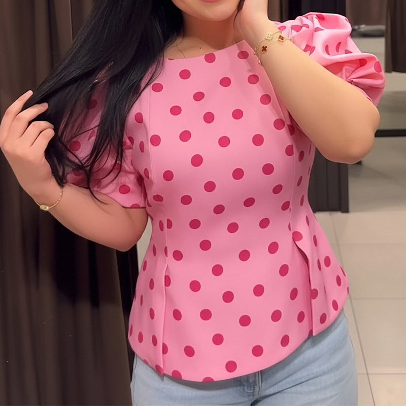 european and american women's clothing - new summer collection: casual, loose-fit, bubble sleeve polka dot top